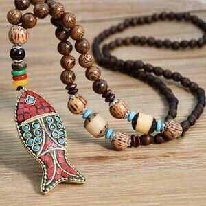 Free People Tanyoyo Vintage Long Necklace Handmade Turquoise Wood Beads Necklace
